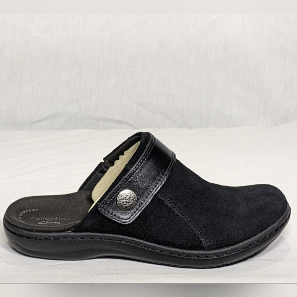 NEW Clarks Womens Suede Laurieann Strap Clog Sz 6.5 black