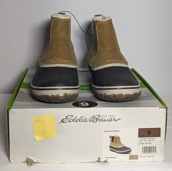 NEW Eddie Bauer Womens Leather Hunt Pac Slip-On Boot Sz 8 tan