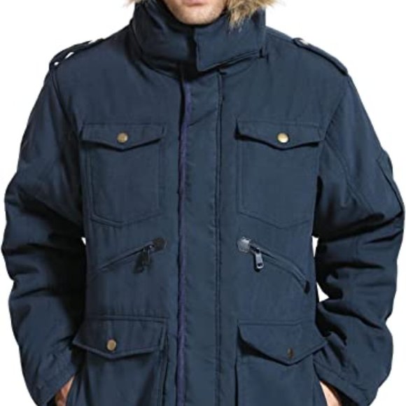 NEW Yozai Men's Winter Jacket Military Warm Fleece Coat Detachable Hood XL blue