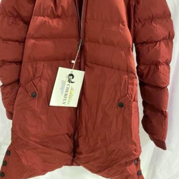 NEW CHERFLY Womens Cotton Winter Coat Thick Warm Long Jacket with Fur Trim Sz M