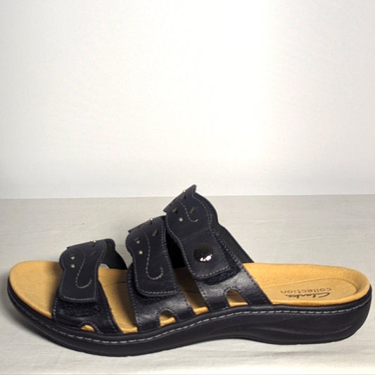 NEW Clarks Womens Laurieann Leather Vine Flat Sandal 11 Wide black