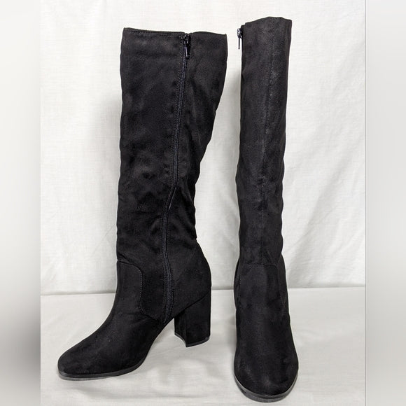 NEW Allegra K Womens Round Toe Block Heeled Knee High Boots black suede sz 8