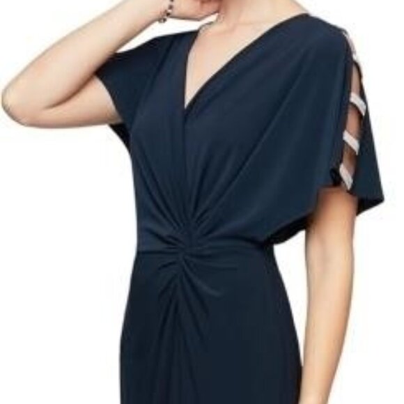 NEW Alex Evenings Womens Long Knot Dress with Embellished Short Sleeve sz 6 navy