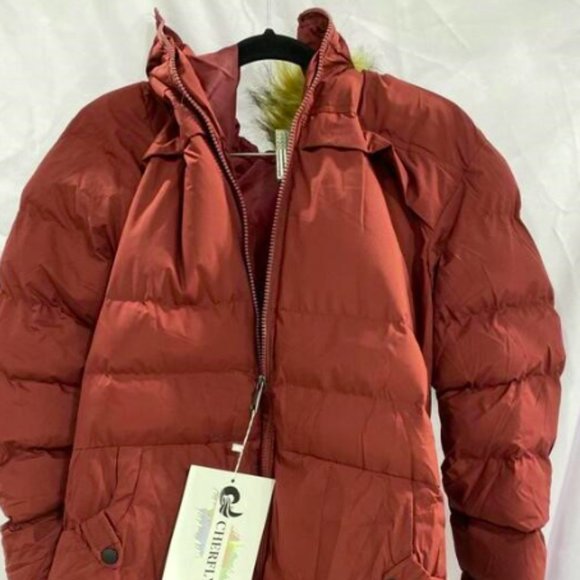 NEW CHERFLY Womens Cotton Winter Coat Thick Warm Long Jacket with Fur Trim Sz M