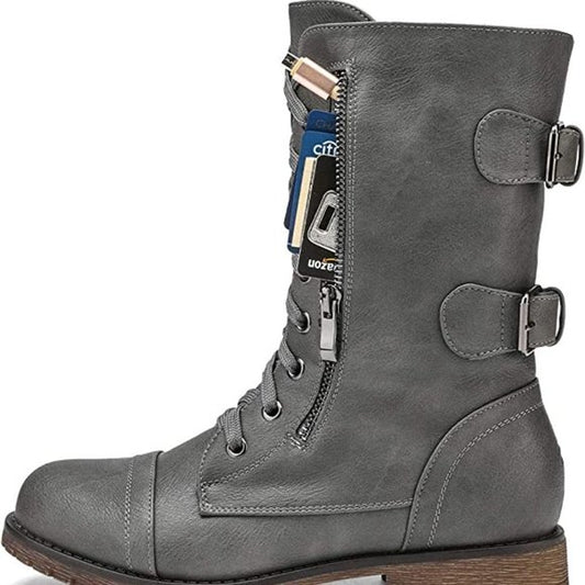 NEW Dream Pairs Womens Terran Mid Calf Combat Boots Built-in Wallet Pocket Sz 7