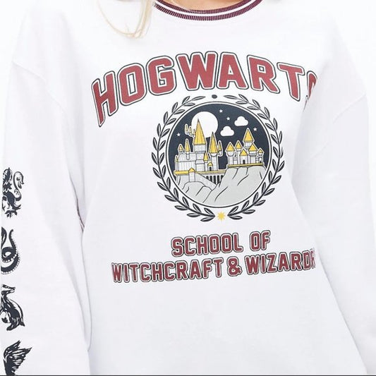 NEW Harry Potter Hogwarts School Graphic Crew Neck Oversized Pullover Sweatshirt XS