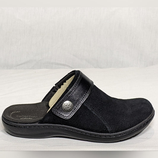 NEW Clarks Womens Suede Laurieann Strap Clog Sz 6.5 black