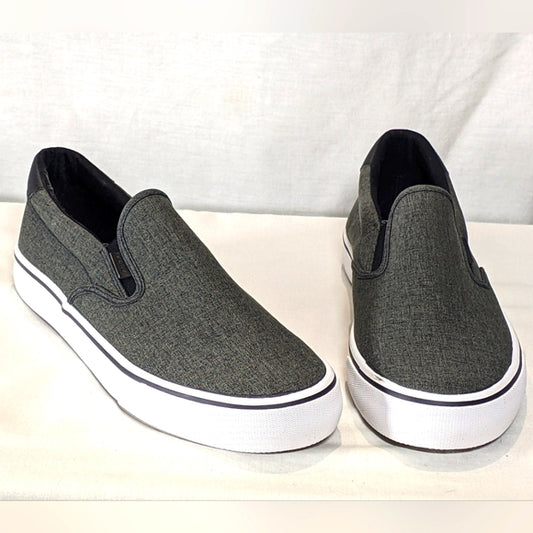 NEW Lugz Mens Clipper Sneaker Black/White Chambray - Sz 12 Elastic Gore