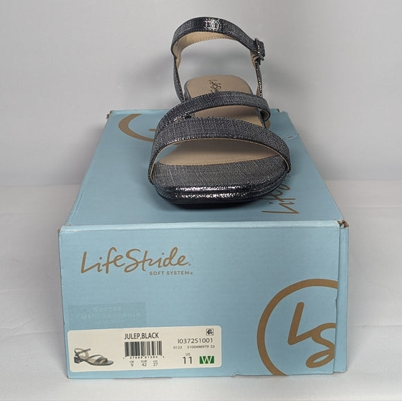 NEW Life Stride Womens Julep Ankle Strap Sandal Heeled Sandal Sz 11 Wide silver