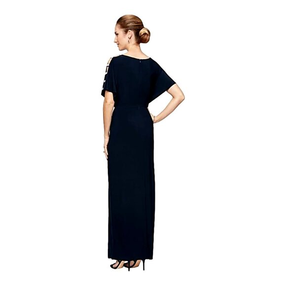 NEW Alex Evenings Womens Long Knot Dress with Embellished Short Sleeve sz 6 navy