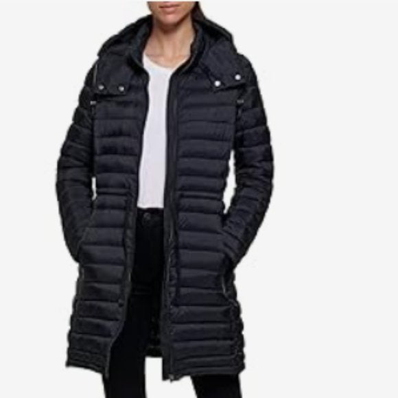 NEW DKNY Womens Comfort Soft Packable Puffer Outwear Jacket Sz L black