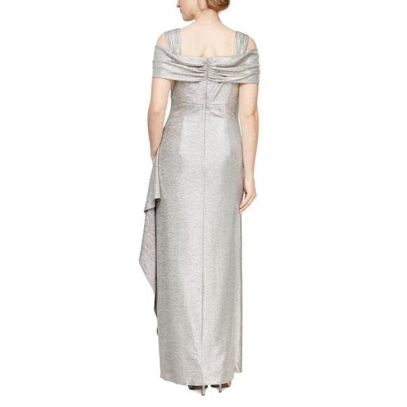 NEW Alex Evenings Womens Long Glitter Mesh Cold Shoulder Dress sz 12 silver