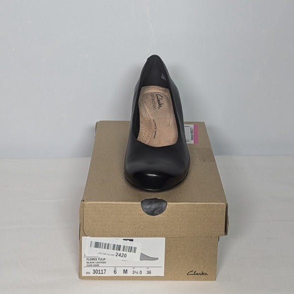 NEW Clarks Womens Leather Flores Tulip Pumps Wedge Sz 6 black