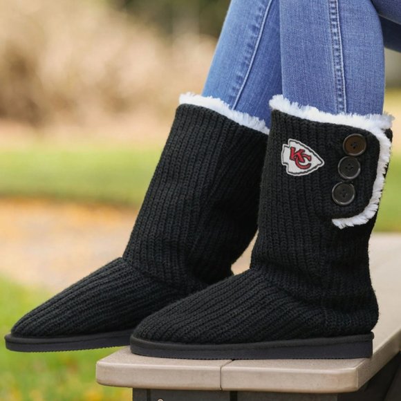 NEW Kansas City Chiefs Knit High End Button Boot Slipper NFL Swifty Sz 7 black