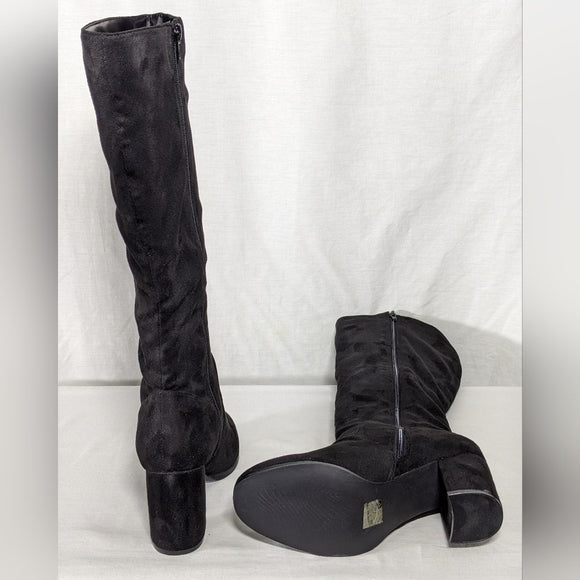 NEW Allegra K Womens Round Toe Block Heeled Knee High Boots black suede sz 8