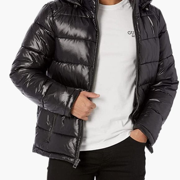 NEW Guess mens Mid-weight Puffer Jacket With Removable Hood Sz XL